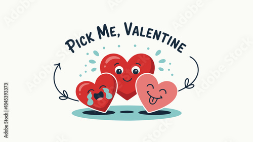 Three cute cartoon hearts with faces on clean white background for valentine's day