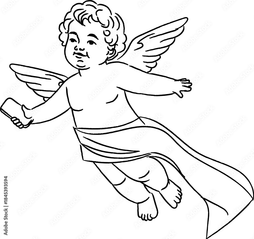 Fototapeta premium Cupid Holding Smartphone Line Art
