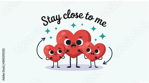 Four cute red heart characters standing close together with sparkling stars around them on soft background