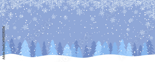 Winter forest in snowy weather with beautiful falling snowflakes. Winter forest landscape with falling snow. Vector illustration of winter nature for Christmas design. Hiking concept.