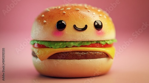 A cute kawaii cheeseburger character with a smiling face on a pink background.