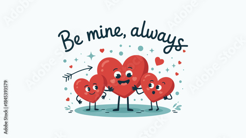 Three cute red heart characters with smiling faces and legs standing together on a green oval surrounded by hearts and stars with text