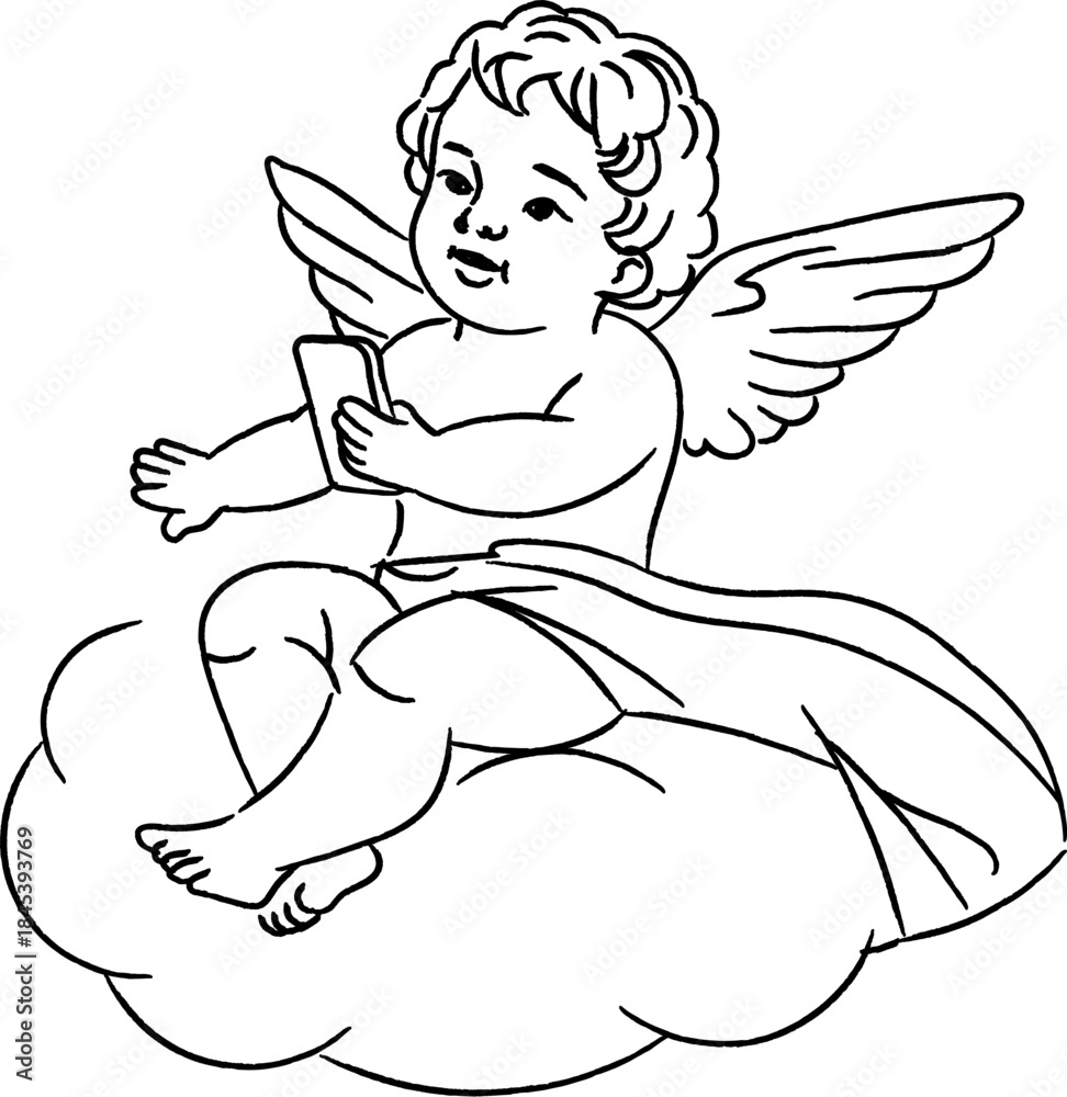 Fototapeta premium Cherub Using Smartphone Line Art