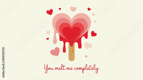 A whimsical minimalist illustration of a melting heart shaped ice cream on a stick surrounded by smaller hearts on a soft beige background
