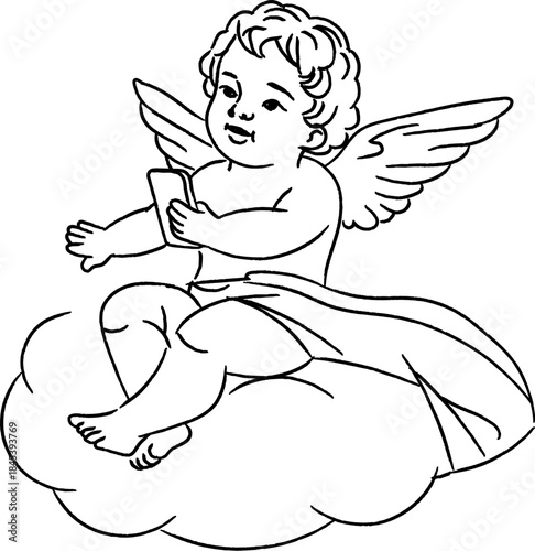 Cherub Using Smartphone Line Art