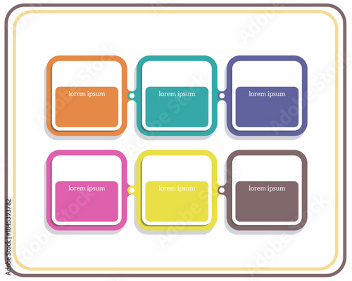 Colorful modular infographic layout with six rounded boxes connected by lines, clean flat design, perfect for workflow steps, process diagrams, presentations, and modern UI infographics.