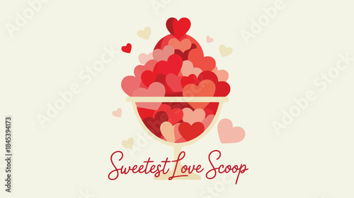 Flat illustration of a bowl overflowing with various sized hearts in shades of red and pink on a white background