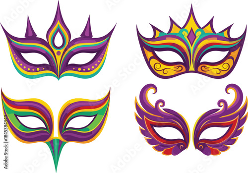 Colorful masquerade mask illustrations with ornate designs, festive shapes, and vibrant patterns for carnival, Mardi Gras, or celebration themes