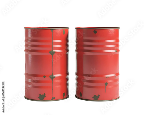 A pair of steel fuel barrels on a white background