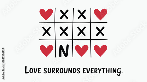 Hearts fill tic tac toe grid corners on white background with love surrounds everything text