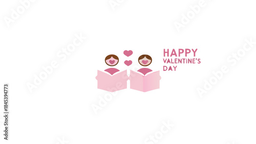 Lovers reading books together on happy valentine's day with hearts