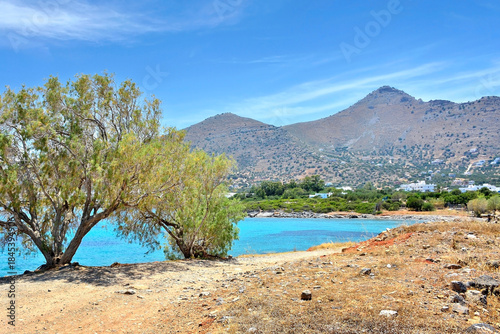 View at peaceful gulf and town of Elounda, Crete, Greece	