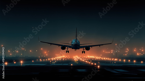 Airplane descends on illuminated runway during nighttime landing at airport