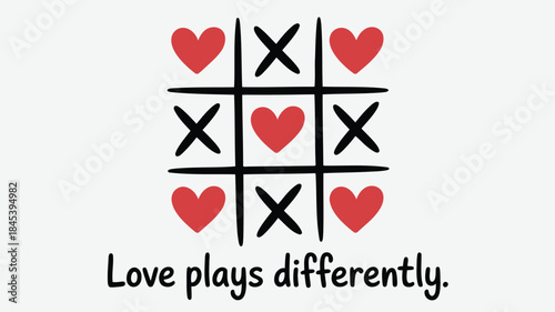 Minimalist tic tac toe board with hearts and xs on white background for love concept