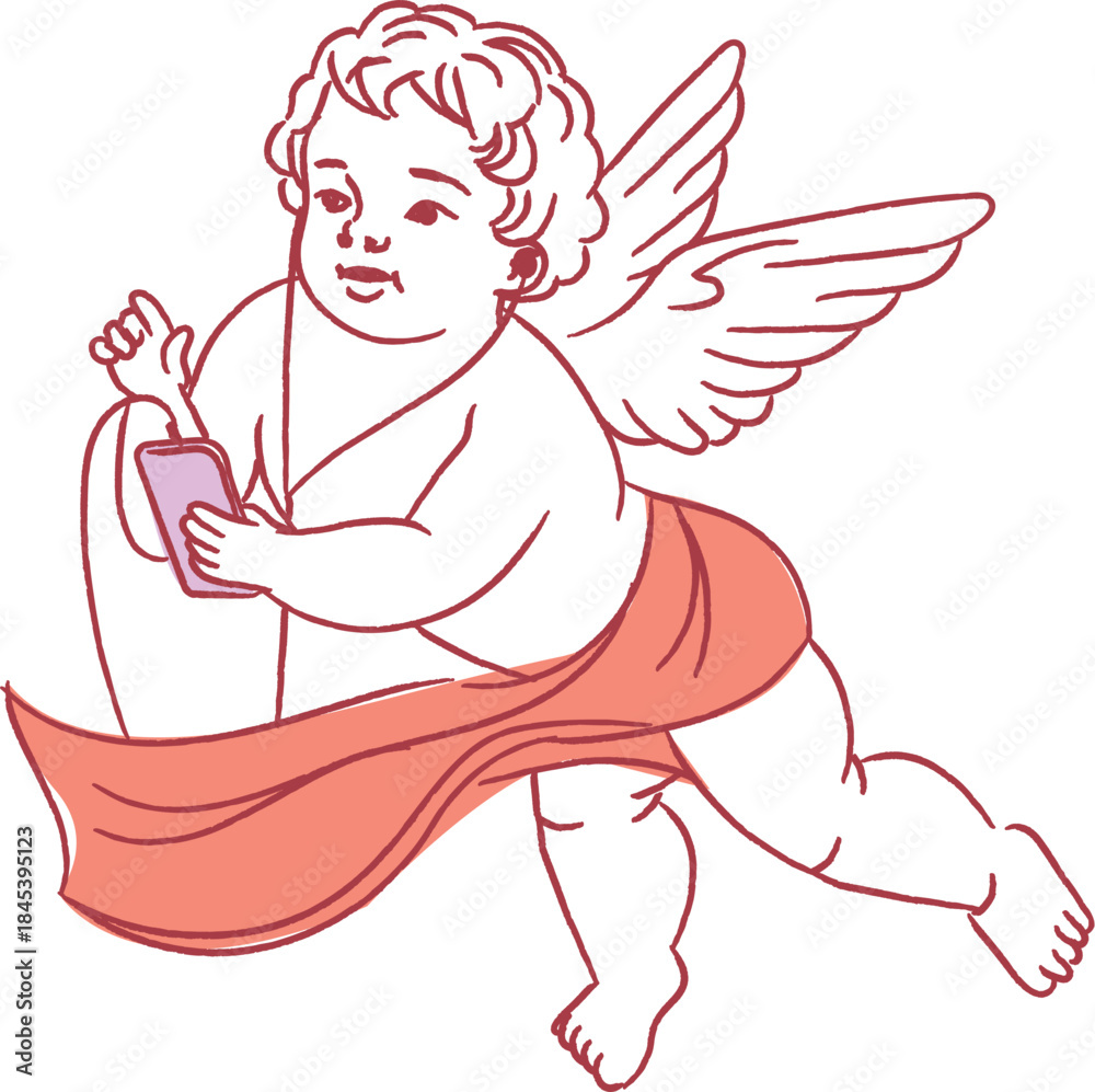 Fototapeta premium Cupid Texting Smartphone Line Art