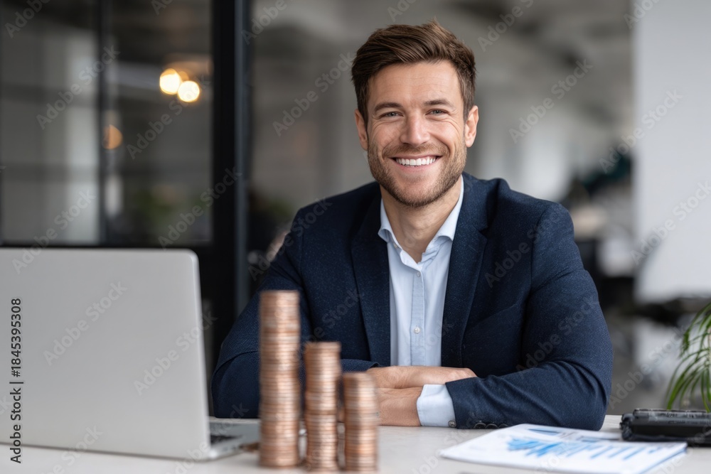 Fototapeta premium Happy man celebrating investment growth with increasing coins
