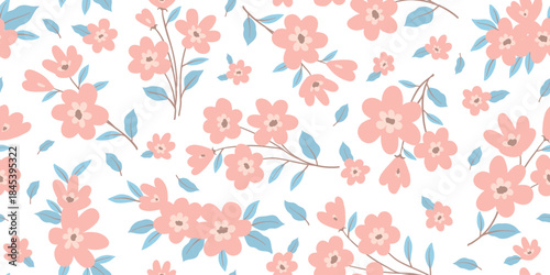 Floral liberty pattern with small colorful flowers field on a white background. Repeating ditsy doodle flower meadow background. Vector design for paper, cover, fabric, interior decor and other