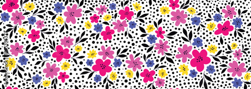Floral liberty pattern with small colorful flowers field on a white background. Repeating ditsy doodle flower meadow background. Vector design for paper, cover, fabric, interior decor and other