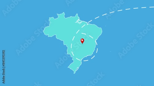 Brazil,  Brasilia Map with Location Pin and Airplane Travel Route Animation