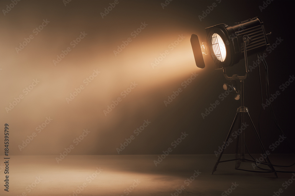 Fototapeta premium Cinematic studio spotlight shining through haze in dark room, warm beam of light with dramatic shadows and empty copy space, stage lighting equipment on tripod, moody theater background for banner
