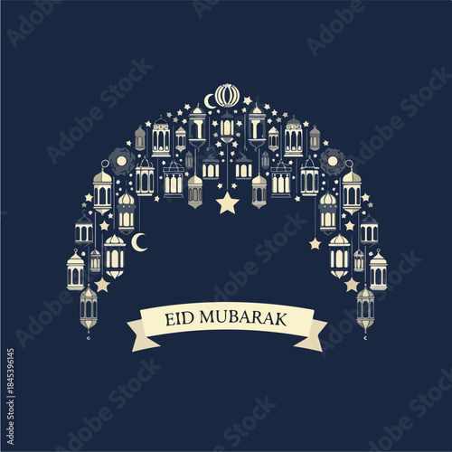 Eid Mubarak archway of lanterns and crescent moon design on dark blue background.