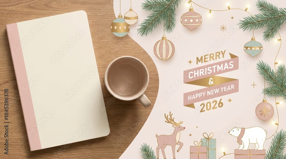 Fototapeta premium Festive holiday greeting card design featuring christmas elements and new year wishes cozy home office setting graphic art warm atmosphere aesthetic viewpoint for seasonal celebrations