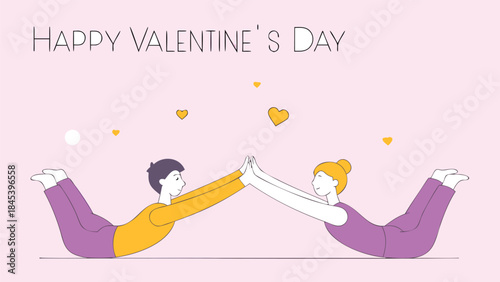 A loving young couple in yoga poses on pink background with hearts for valentine's day