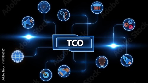 TCO acronym in glowing blue box surrounded by interconnected icons on black background business finance
