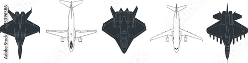 Top-down cartoon-style aircraft illustrations featuring military and civilian jets, ideal for aviation, schematic design, and educational visuals