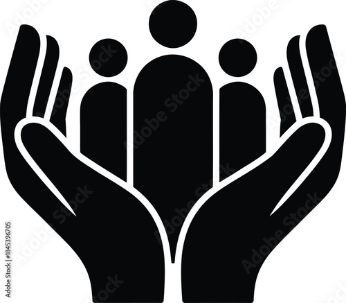 Social protection and community support icon with cupped hands holding people