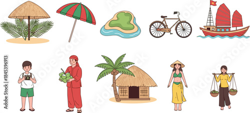 Vietnamese culture cartoon illustration with traditional clothing, sailboat, palm hut, conical hats, coconuts, and lifestyle elements
