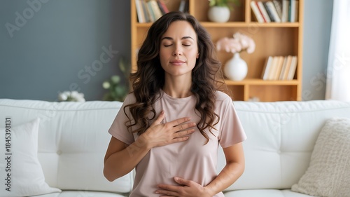 Mindful woman practicing gratitude and self care meditation at home
