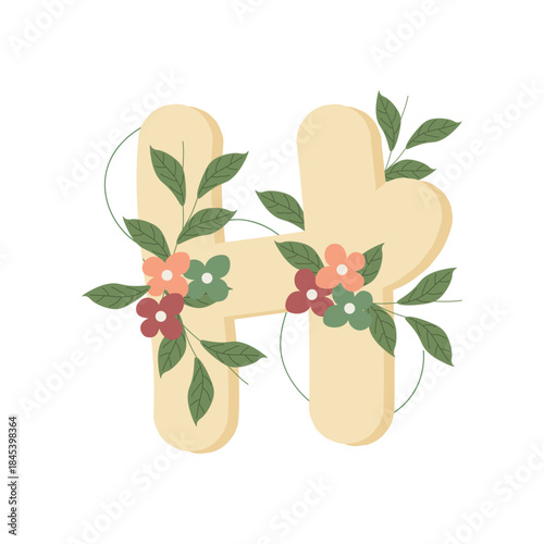 letter H in flat style, decorated with colorful flowers and green leaves, creating a delicate and botanical look. Ideal for invitations, stationery.