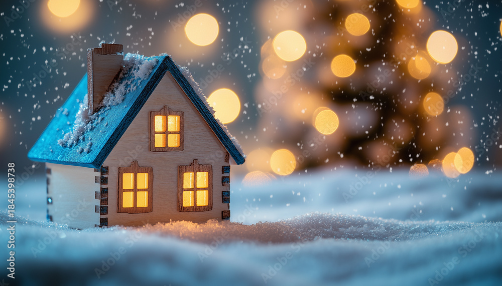 Fototapeta premium Golden house with red ribbon in snowy Christmas lights background, symbolizing warmth, real estate, and holiday joy