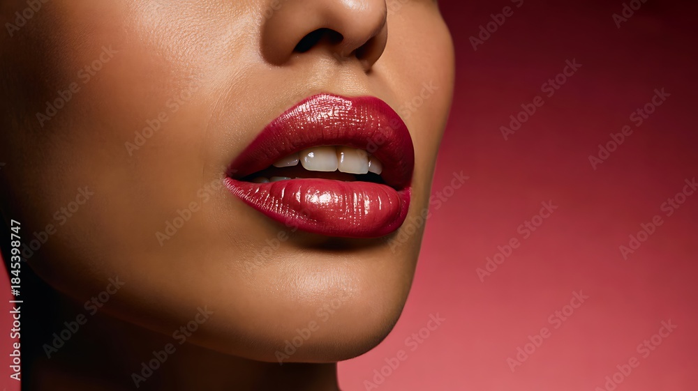 Obraz premium Close up of female lips wearing shiny red lipstick beauty makeup 