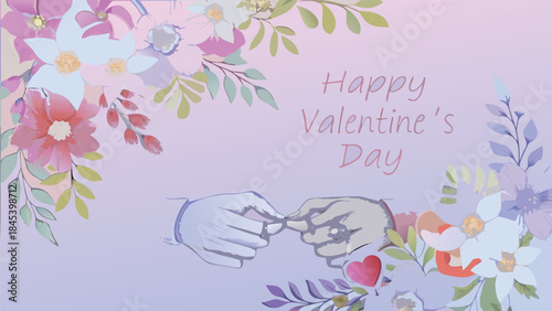 Lovers' intertwined hands with happy valentine's day greeting surrounded by flowers