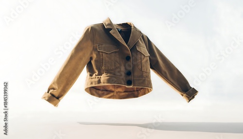 Trendy cropped jacket floating mid-air with clear stitching and detailed fabric texture, captured in bright studio lighting and isolated on a clean white background.