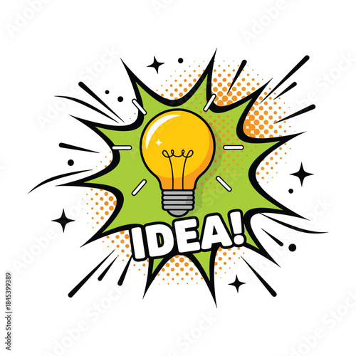 Comic book pop art idea light bulb with green explosion background vector illustration
