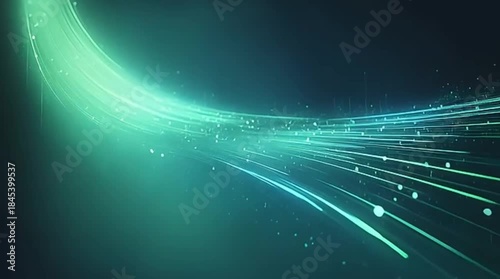 Abstract background featuring vibrant green and teal light streaks with glowing particles, symbolizing data flow, technology, and connection with a dynamic, futuristic feel.