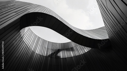 Striking Black and White Architecture Curvilinear Metal Facade with Circular Opening.