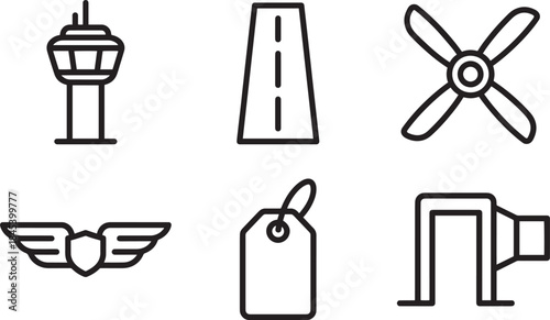 Airport and aviation related icons set including control tower runway propeller wing tag gate