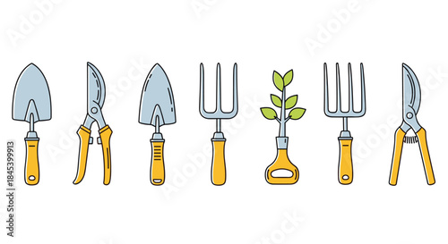Garden tools lined up including trowels pruning shears and cultivators with a small plant sprout in between on a clean white background for product photography.