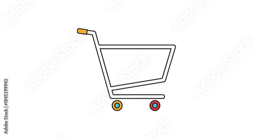 Minimal vector illustration of a shopping cart icon with clean geometric lines and contrasting yellow front wheel and red back wheel.