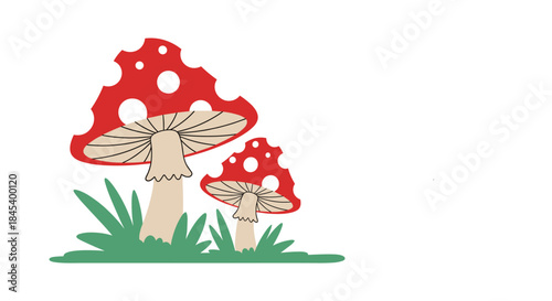 Two red toadstools with white spots stand among green grass in a bright woodland scene and a whimsical fungi illustration with bold colors and simple shapes.