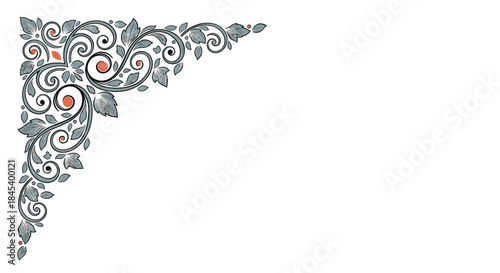 Intricate ornamental corner design with flowing scrolls leaves subtle orange accents suitable for vintage borders and decorative compositions.