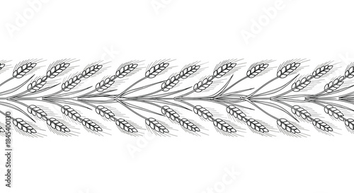 Wheat border pattern runs horizontally in a monochrome line art design suitable for vintage borders textiles and page decorations.
