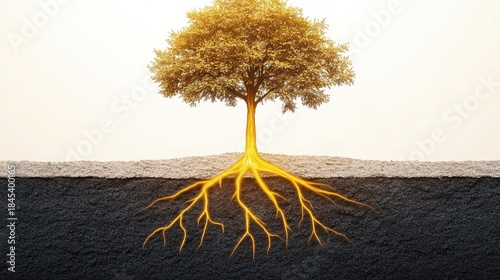 Stylized Golden Tree with Glowing Yellow Roots Visible Beneath the Soil