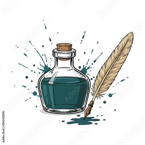Vintage ink bottle with feather quill pen and blue splash drops art vector illustration