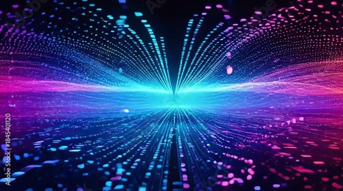 An immersive abstract digital landscape with vibrant neon blue and purple data streams flowing over a futuristic grid, perfect for tech and modern designs.