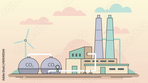 Carbon capture and storage industrial facility with CO2 tanks wind turbine and factory buildings showing clean energy technology and emission reduction concept